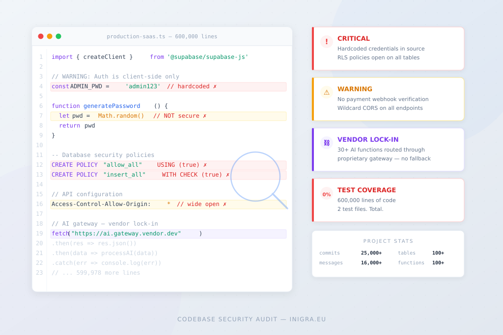 Code editor showing security vulnerabilities found in a 600,000-line AI-generated SaaS codebase, with audit findings including critical issues, vendor lock-in, and zero test coverage