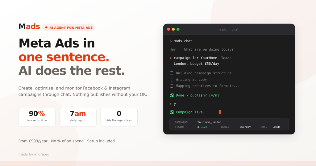 Mads AI agent for Meta Ads - terminal showing campaign creation from one sentence with daily reporting and auto-optimisation